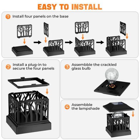 Installation steps for 12 Pack Solar Post Cap Lights For 4x4 Or 6x6 Wood Posts, Outdoor Fence Post Caps For Deck Patio Garden, Warm White SMD LED, Auto On At Dusk, High Brightness, Waterproof, No Fuss Easy Install.