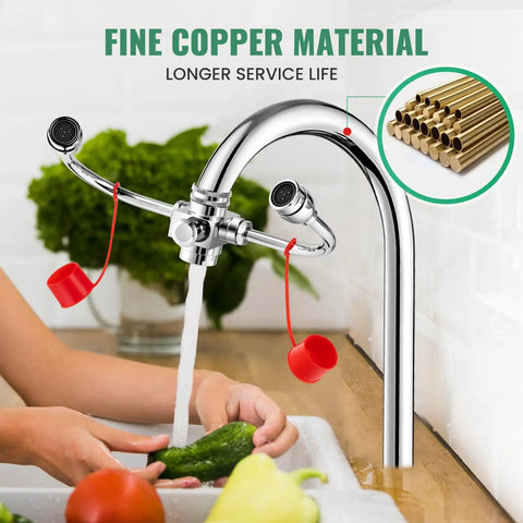 Faucet Mounted Eyewash Station with 360 Degree Rotation installed on a kitchen sink, made of fine copper material.