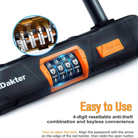 Heavy Duty Bike U Lock With 4 Digit Resettable Combo showing keyless lock close-up, orange release button, anti-theft security features.