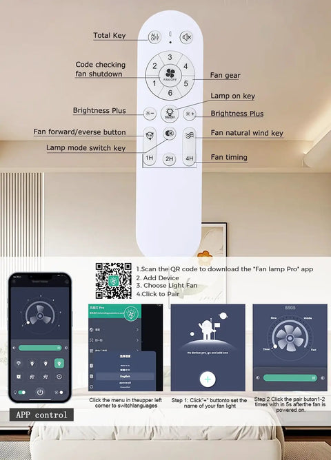 Remote control and app interface for Black Flush Mount Ceiling Fan With Lights, Low Profile Design, DC Reversible Motor, 6 Speeds