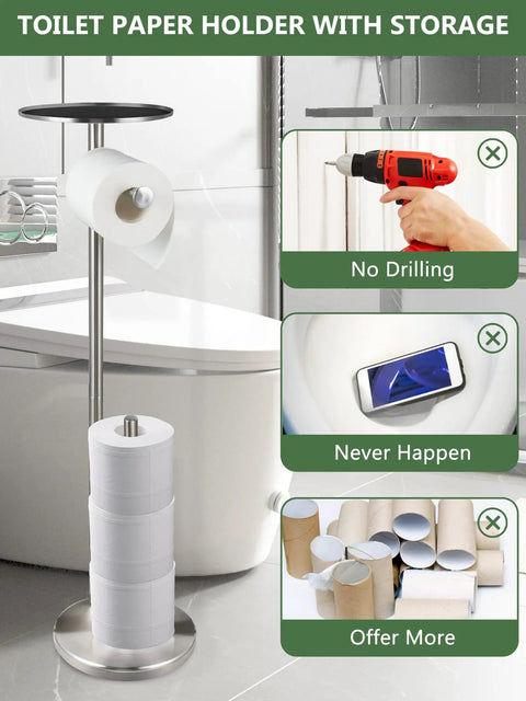 Freestanding Toilet Paper Holder With Storage In Brushed Nickel Stainless Steel Stand For Bathroom Fits 4 Rolls Extra Roll Storage