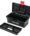 Lockable 13 Inch Tool Box With Front Metal Latch And Pad Lock Eye Ergonomic Comfort Grip Handle Internal Portable Tray For Hand Tools Red And Black Heavy Duty Go To Organizer For Home And Job Site open with tray