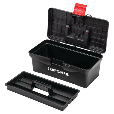 Lockable 13 Inch Tool Box With Front Metal Latch And Pad Lock Eye Ergonomic Comfort Grip Handle Internal Portable Tray For Hand Tools Red And Black Heavy Duty Go To Organizer For Home And Job Site open with tray
