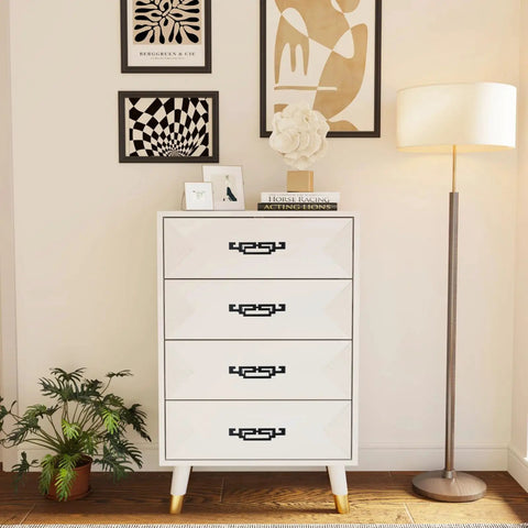 White dresser featuring 4 Pack Dope Black And Gold Oriental Style Drawer Pulls For Kitchen Cabinets And Drawers, Durable Zinc Alloy Handles.