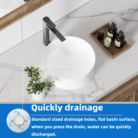 14 Inch Round Vessel Sink For Bathroom White Ceramic Porcelain Vanity Basin Above Counter Modern Round Countertop Sink 14x14 Durable Scratch Resistant Easy Care For Cabinet Vanity displayed on marble counter with faucet