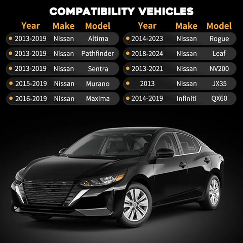 Nissan Right Seat Occupant Sensor Replacement Drop-In For Altima Pathfinder Sentra Murano Maxima 2013-2019 And Infiniti JX35 2013 And QX60 2014-2019 Replaces 98853-3JA0A 98853-5EE1A compatibility chart with black Nissan sedan