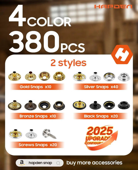 Assorted snap sets in gold, silver, bronze, and black with 380 pieces total, displayed on a wooden background.