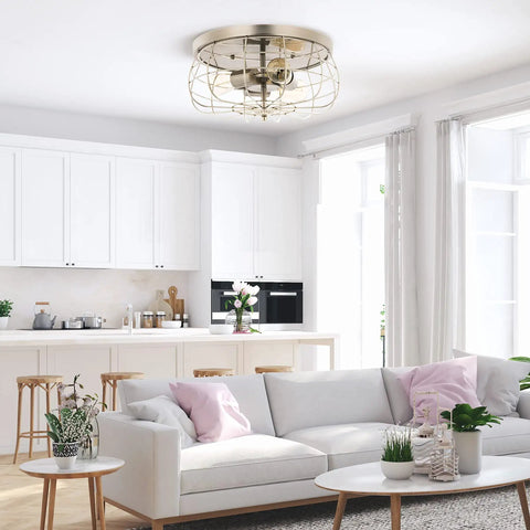 Industrial Three Light Metal Cage Flush Mount Ceiling Light In Brushed Nickel Vintage Farmhouse Style in modern living room