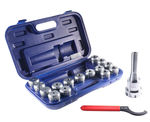 Fifteen Piece ER40 Precision Collet Set With R8 Bridgeport Shank Holder And Wrench For Milling And Drilling in blue case