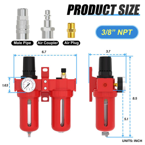 All In One Aluminum Air Regulator Set With Moisture Filter Coalescing Filter Lubricator And Manual Drain 150 Psi Gauge Valve Shut Off