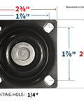 Top view of black caster mounting plate with measurements for 3 Inch Polyurethane Black Mag Designer Caster Set With Non Marking Floor Protection.