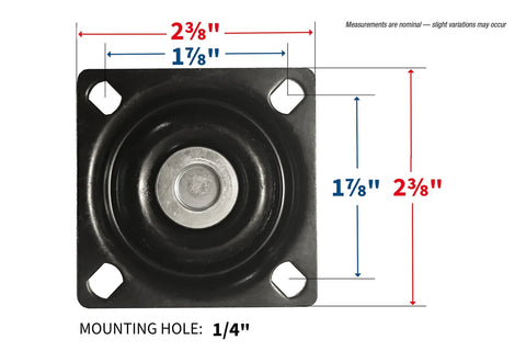 Top view of black caster mounting plate with measurements for 3 Inch Polyurethane Black Mag Designer Caster Set With Non Marking Floor Protection.
