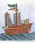 12th Century Chinese Ship Woodcut Poster Print With Sails, Oars And Wheels For Land Passage, Classic Historic Vessel Art, 24x36