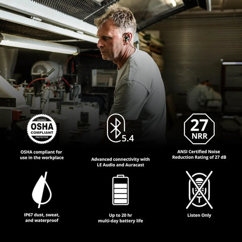 Man wearing All Day Noise Blocking Earbuds With Bluetooth 5.0 27 dB NRR 79 dB Volume Limit OSHA Compliant Hearing Protection working.