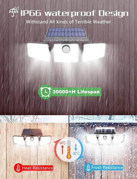 Solar Motion Sensor Flood Light 3 Heads With 270 Degree Wide Beam Wireless Outdoor Wall Light IP65 Waterproof in rain and snow