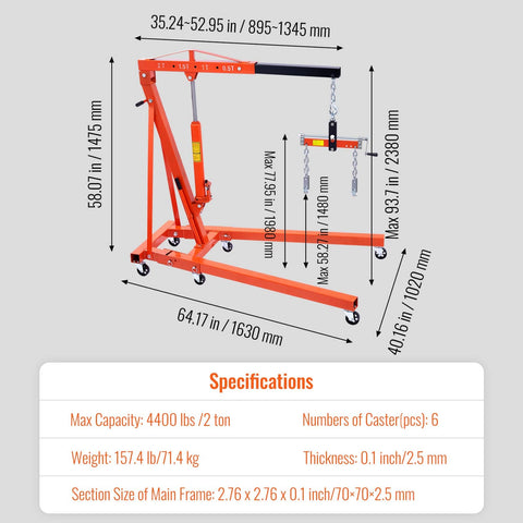 Diagram showing 2 Ton Hydraulic Engine Hoist With Lever And Leveler Heavy Duty Cherry Picker Shop Crane Foldable features.