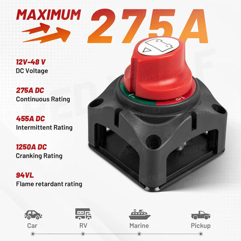 Heavy Duty On Off Battery Disconnect Switch For 12V To 48V 275A Continuous 455A Peak Automotive RV Marine Ignition Protected