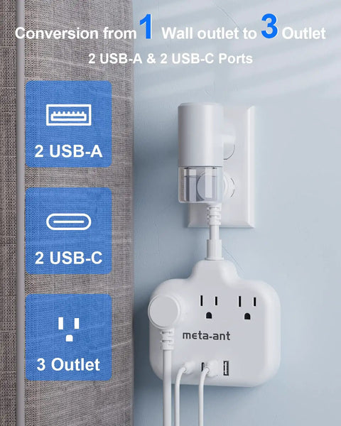 Flat Plug Extension Cord Three Inch Short Power Strip With Three AC Outlets And Four USB Ports Two USB A And Two USB C 1875W Fifteen Amp Non Surge Protection Must Have For Cruise Travel Dorm Kitchen White