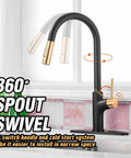 Boss Black And Gold Kitchen Faucet With Pull Down Magnetic Docking Sprayer Stainless Steel RV Ready Sink Faucet in swivel angle