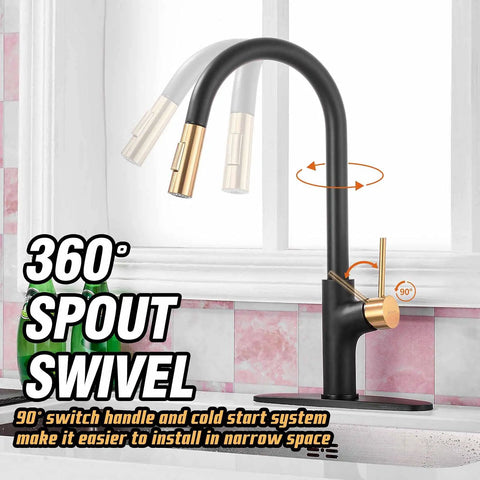 Boss Black And Gold Kitchen Faucet With Pull Down Magnetic Docking Sprayer Stainless Steel RV Ready Sink Faucet in swivel angle