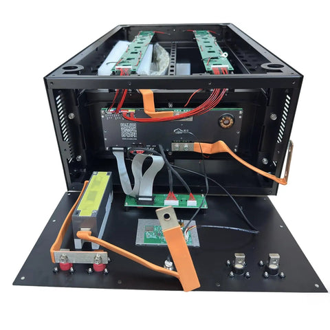 Inside view of Heavy Duty 48V LiFePO4 Battery Box For DIY Solar Energy Storage Cabinet Rack Built Like A Tank.