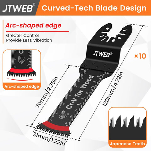 Japanese Teeth Multitool Blades 10 Pack Extra Long Zero Cut Saw Kit For Lumber Plywood And Drywall No Sweat Precision Cuts With Smooth Operator Finish, curved arc blade design for reduced vibration and control.