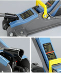 Close-up of 2.5 Ton Floor Jack With Portable Carrying Handle, Reflective Strip, Low Profile Hydraulic Lift, Blue, Heavy Duty Build