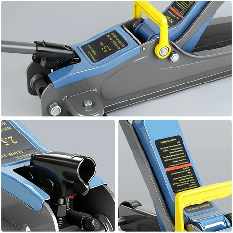 Close-up of 2.5 Ton Floor Jack With Portable Carrying Handle, Reflective Strip, Low Profile Hydraulic Lift, Blue, Heavy Duty Build