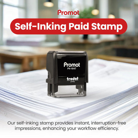 Dead Simple Self Inking Rubber Stamp For Quick Cash Check And Credit Transactions Bold Red Paid Mark With Roomy Memo Line Rapid Align Guide Smooth Office Setup on paperwork.