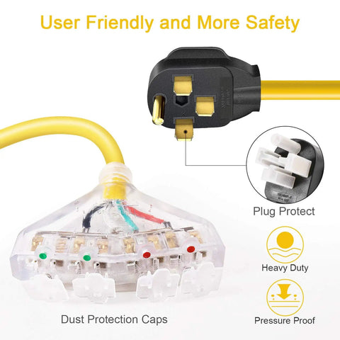 50 Amp To 110 Volt RV Adapter Cord With Four 5-20R Outlets, NEMA 14-50P Male To 4X 5-20R, Dust Caps, 1.5 Foot, Heavy Duty