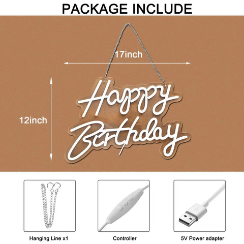 Decked Out Birthday Neon Sign Wall Decor With Dimmable USB Power Switch Reusable White Neon Light shown with package items