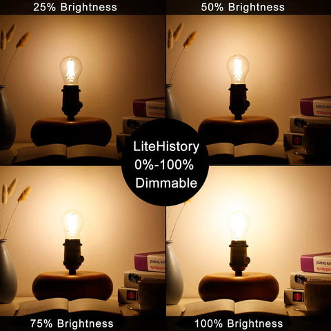 Dimmable A15 LED Bulb 4W Equal 40W, E26 Base, warm light at different brightness levels in room setting.