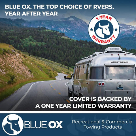 Heavy Duty Vinyl Tow Bar Cover for Alpha 2 Alpha Aladdin and Aventa XL Tow Bars advertisement with RV on mountain road.
