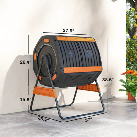 53 Gallon Dual Chamber Compost Tumbler With Geared Rotation Adjustable Vents Elevated Base And Lockable Handle installed outdoors