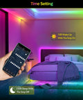 Dreamcolor RGBIC LED Strip Lights 33ft with app showing bedroom time settings for lighting control and music sync.