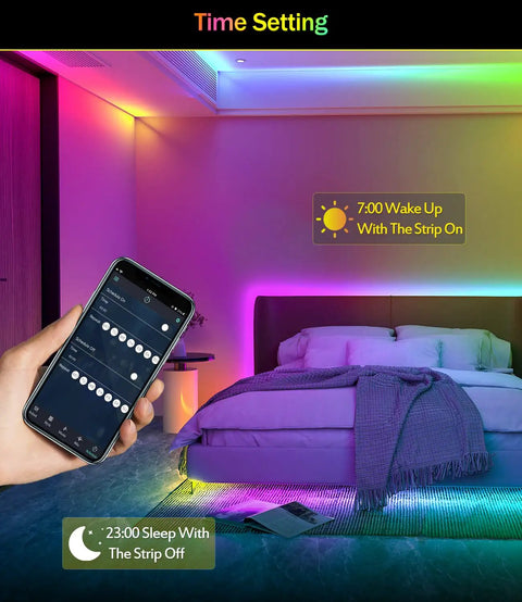 Dreamcolor RGBIC LED Strip Lights 33ft with app showing bedroom time settings for lighting control and music sync.