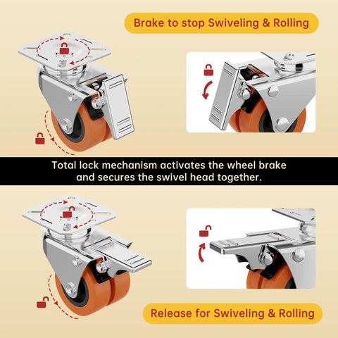 Heavy Duty 2 Inch Swivel Caster Wheels Set Of 4 Locking Plate showcasing total lock mechanism for braking and releasing.