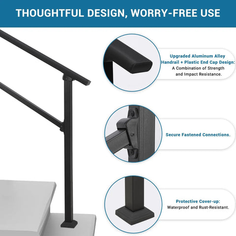 Heavy Duty Six Step Outdoor Stair Railing Kit Built Damn Tough With Galvanized Supports, showcasing a durable aluminum alloy handrail.