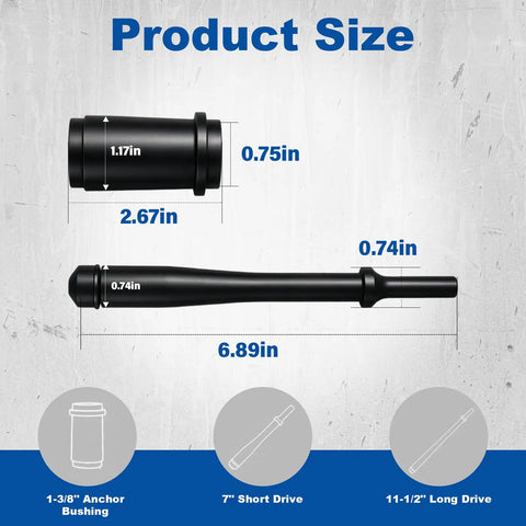 Heavy Duty Pneumatic Truck Anchor Pin Bushing Driver Kit With 7 Inch Short Drive Short Driver Set For 1 3 8 Inch Anchor Bushings Easy Removal And Installation Of Seized Pins On Trucks And Trailers with size dimensions displayed.