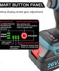 Slick Cordless Rivet Gun With Dual 26V Batteries And Seven Quick Swap Tips Featuring Push Button Auto Start And Crisp Digital Readout showing smart button panel with battery display and mode selector.