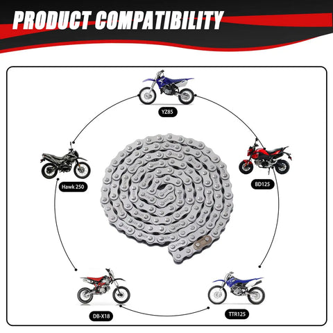 428 Motorcycle Chain With 132 Links And Chain Breaker For TTR125 TTR225 Hawk 250 bikes arranged around a coiled chain