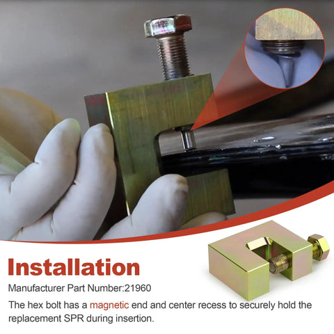 Close-up of Heavy-Duty Self-Piercing Rivet Insert Tool 21960 with magnetic hex bolt during metal installation.