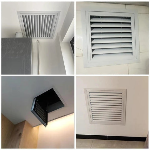 Universal Aluminum Access Panel With Smooth Shutter Vent For Drywall Or Ceiling Mount Featuring Nifty Pull Switch Operation. Different angles showing vent installation.