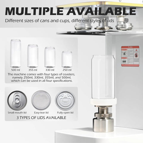 No Sweat Automatic Cup Sealer, 140 Watt Commercial Foil Wrapping Machine With Integrated Digital Counter, showing cup sizes and lid types.