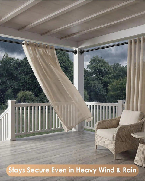Matte Black Extra Long Tension Shower Curtain Rod 30 To 122 Inches securing outdoor curtains on a patio during rain