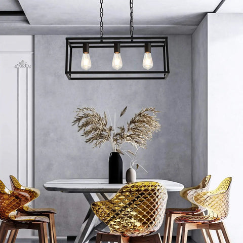 Rectangle Black 3 Light Pendant Light For Kitchen Island And Dining Room Sleek Contemporary Linear Cage Fixture With Farmhouse Vibe Ceiling Mount Adjustable Stem Easy Install Modern Hanging Lighting