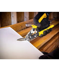 Using 9.8 Inch Offset Straight Aviation Snips M8OS With Beefy Construction, Non Slip Serrated Jaw For Clean Cuts on wood
