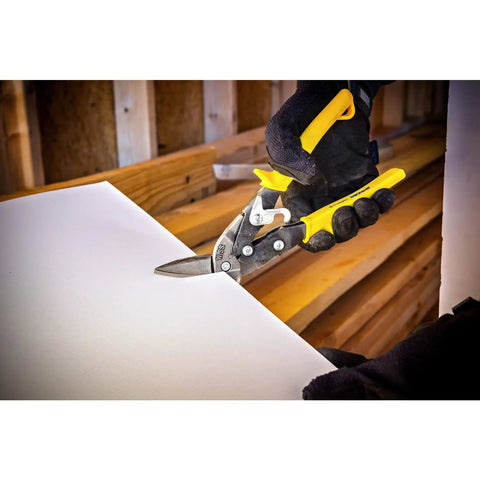 Using 9.8 Inch Offset Straight Aviation Snips M8OS With Beefy Construction, Non Slip Serrated Jaw For Clean Cuts on wood