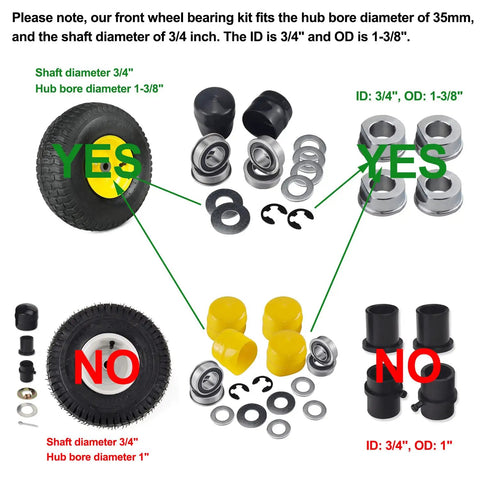 Front Wheel Bushing To Bearing Conversion Kit For Lawn Mowers, Includes 4 Sealed Hub Bearings diagram with shaft sizes