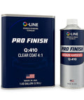 Q-Line Pro Finish Q:410 clear coat 4:1; gallon and quart bottles with blue labels.